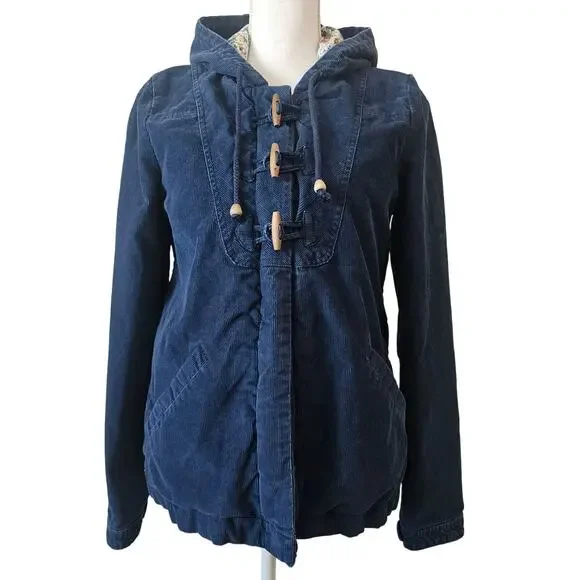 Roxy Navy Corduroy Toggle Jacket Women’s Floral Lined Hooded Coat Large - Picture 1 of 9